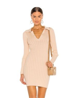 Tularosa Beige Ribbed V-Neck Long Sleeve Bodycon Dress